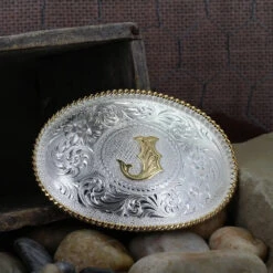 Montana Silversmiths MONTANA SILVERSMITH Initial J Silver Engraved Gold Trim 700J -Western Fashion Shoes 700J 2
